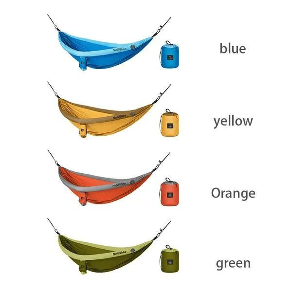 Anti rollover camping double hammock in 201T high fibre nylon, shown in a choice of five colours