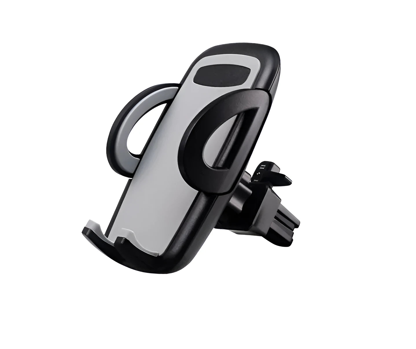Black plastic car mobile phone holder mounted on air conditioning vent holding smartphone