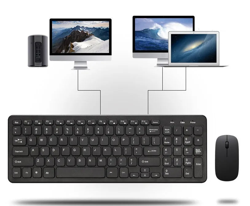 Black wireless keyboard and mouse set on a desk showing compact 96-key layout and adjustable DPI mouse.