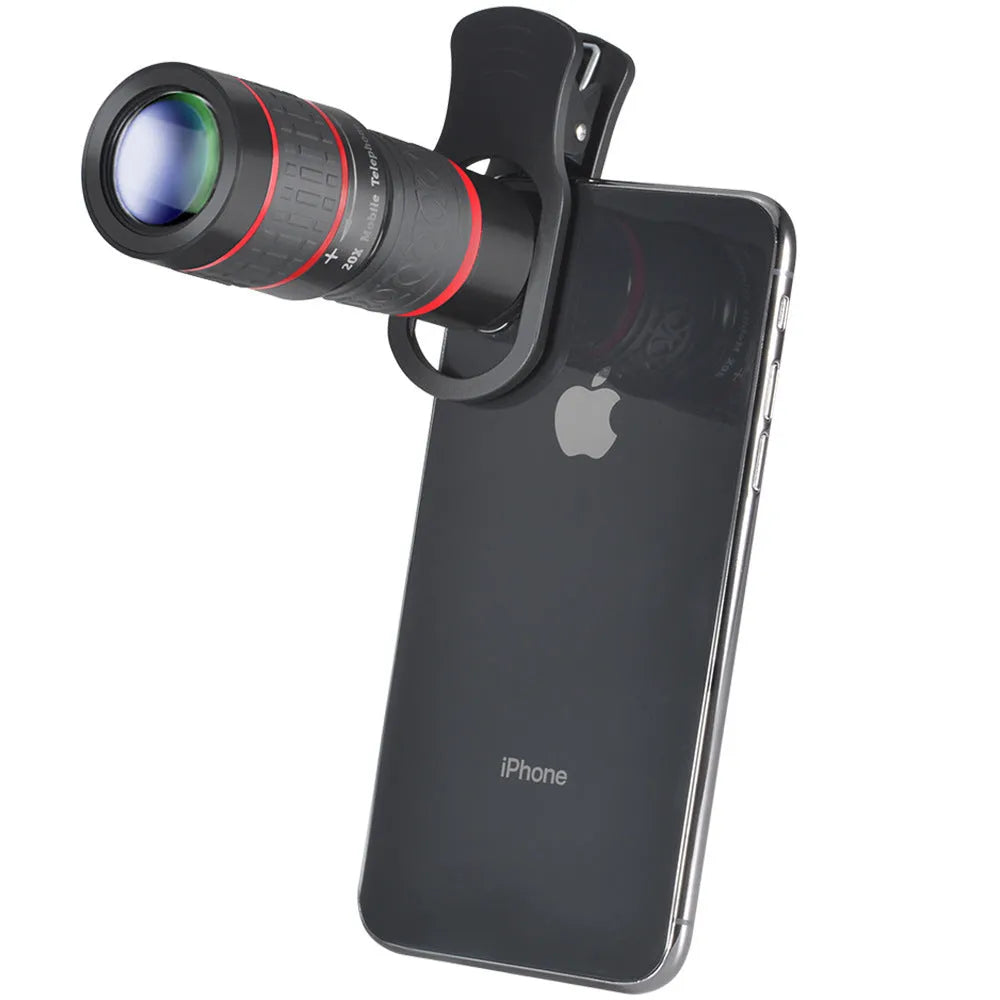 20x magnification mobile phone telescope with universal clip and single eyemask on a smartphone