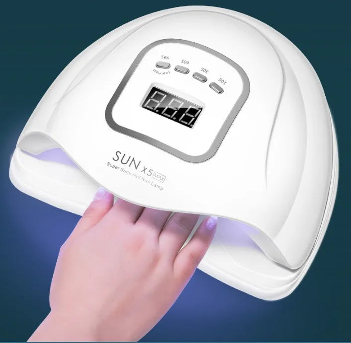 White portable UV LED nail dryer lamp with digital timer display and light-up chamber