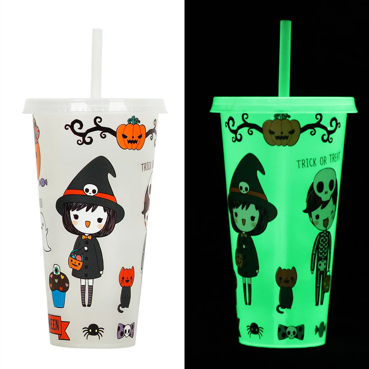720ml Halloween plastic sippy cup with luminous straw showing cylindrical shape and six colour options