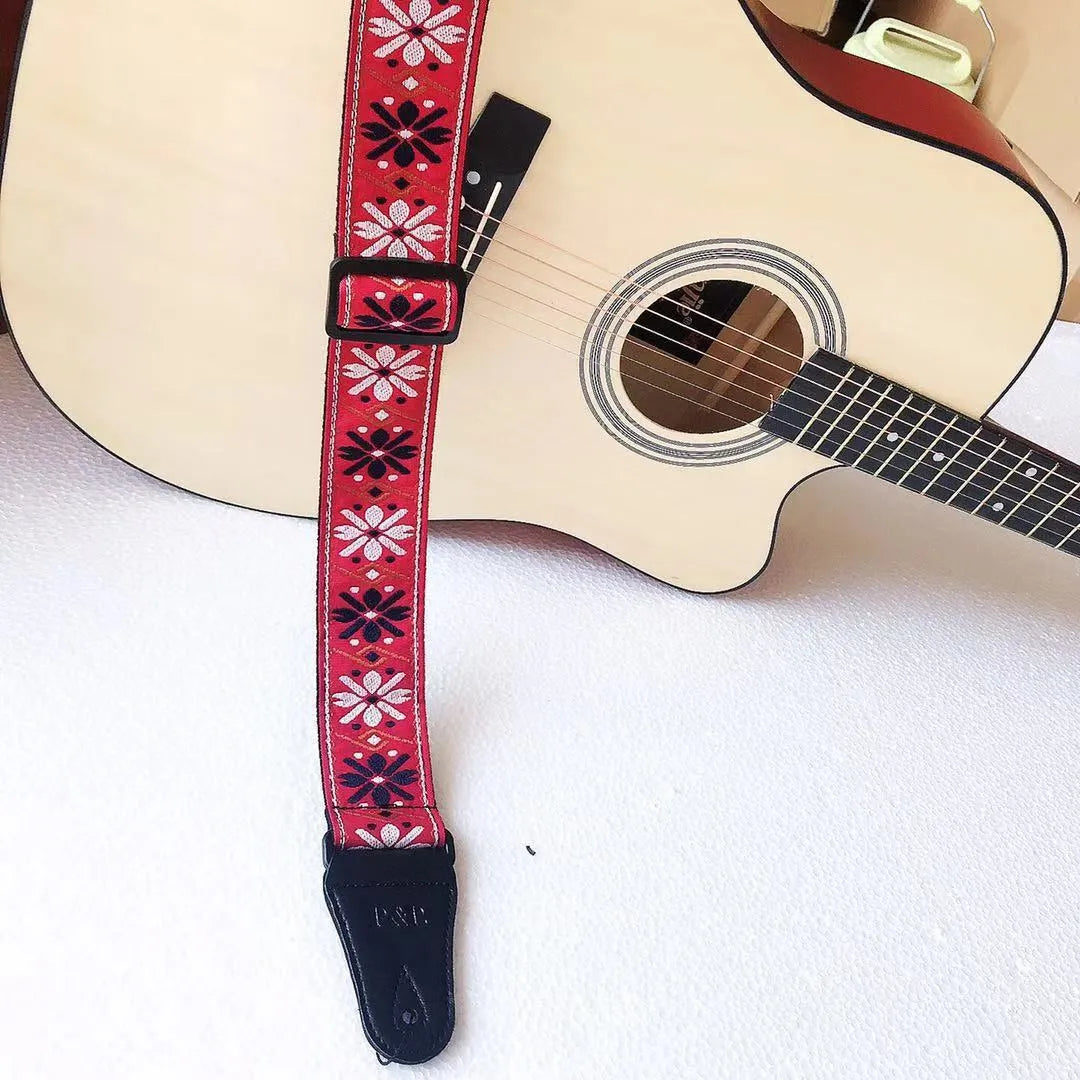 Adjustable embroidered guitar strap with thick webbing, 5cm width, 135-150cm length, six style options