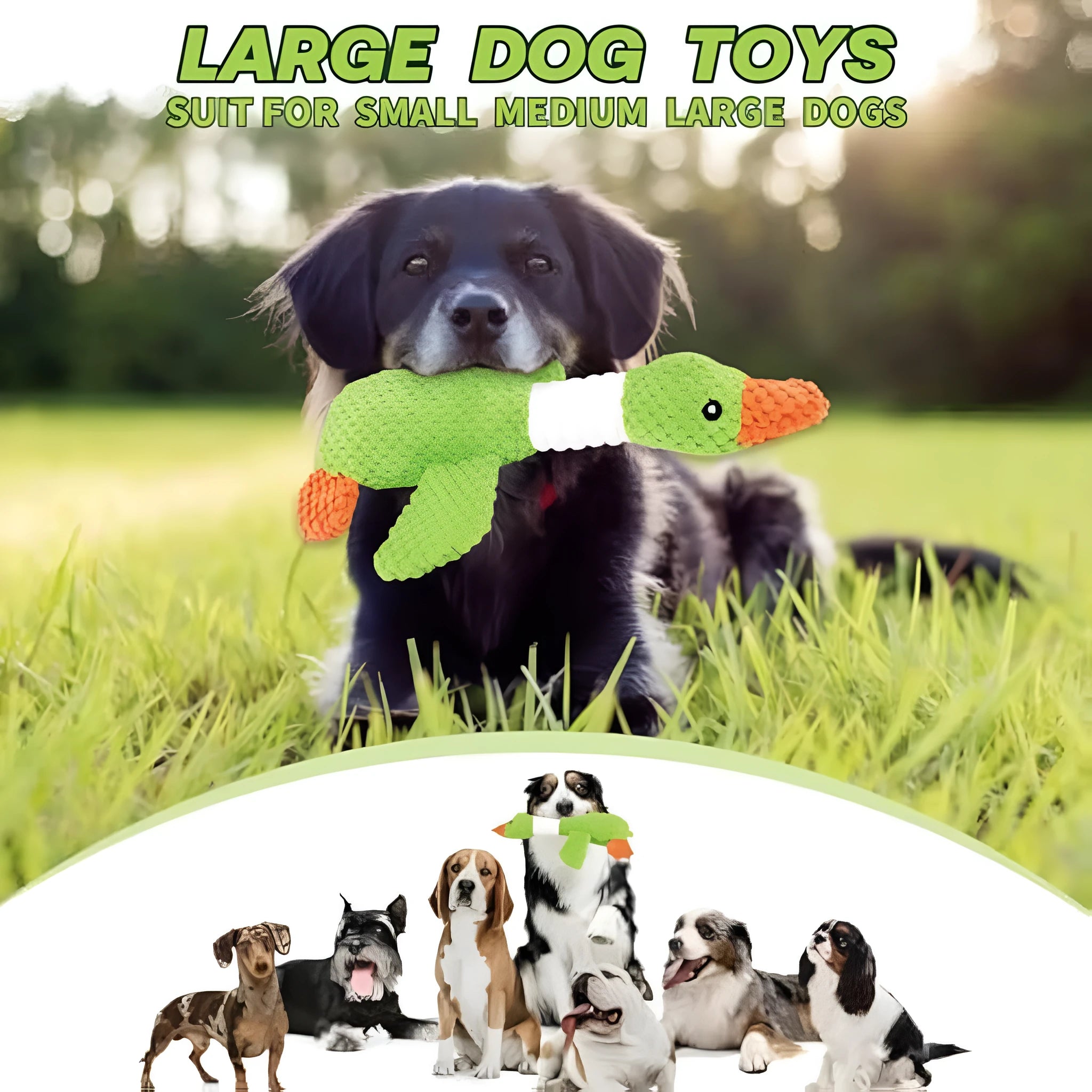 Blue duck-shaped plush dog toy with two squeakers measuring 33cm long
