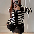 Black striped contrast colour women's hooded zip cardigan, loose knitted cashmere coat, 50cm length, sizes S to XL