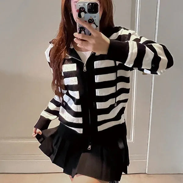 Black striped contrast colour women's hooded zip cardigan, loose knitted cashmere coat, 50cm length, sizes S to XL