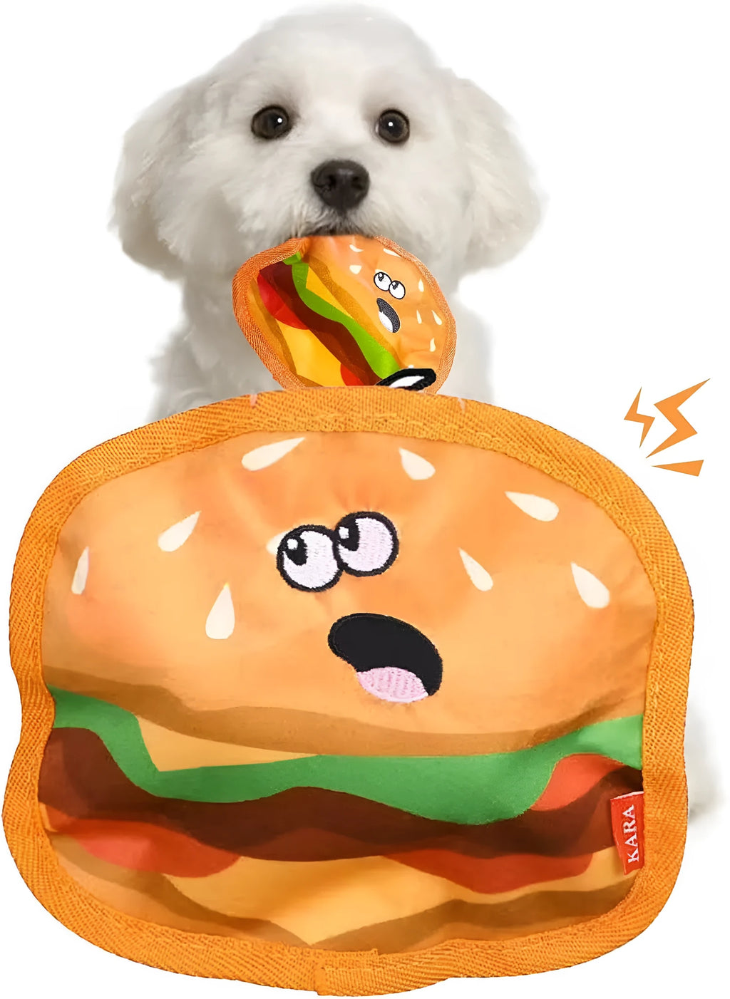 Food-shaped dog chew toys including a hamburger, fries, a hot dog, and a pizza, designed for interactive play with crinkle and squeak sounds.