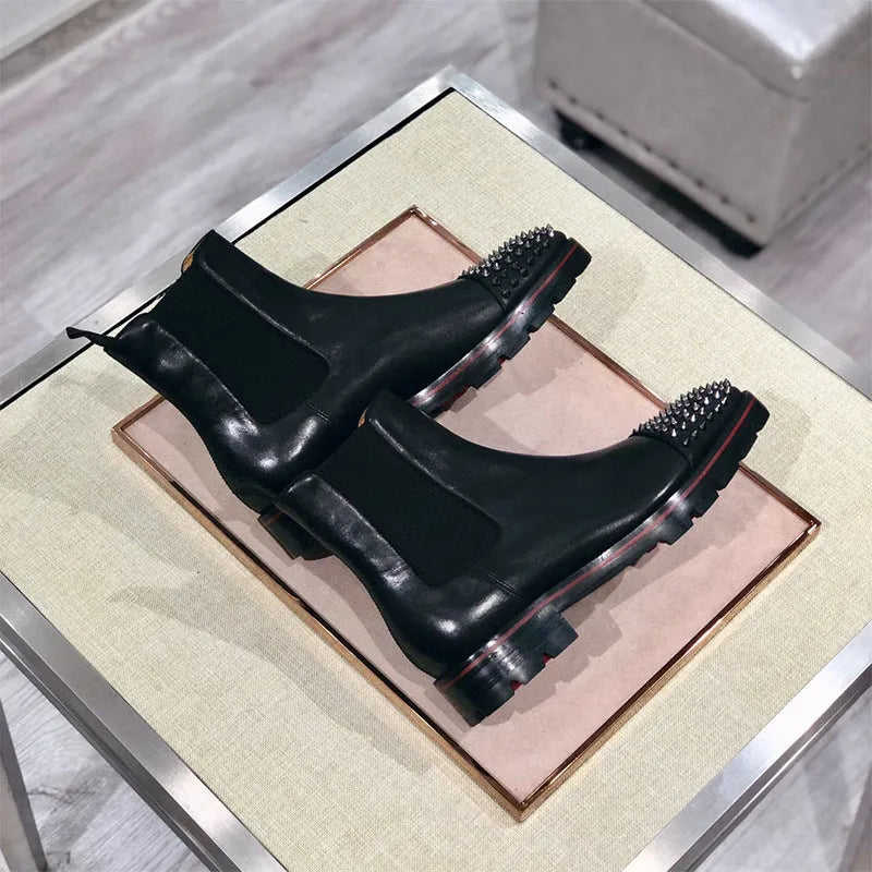 Black high-top leather business casual shoes showing cowhide upper and leather sole construction
