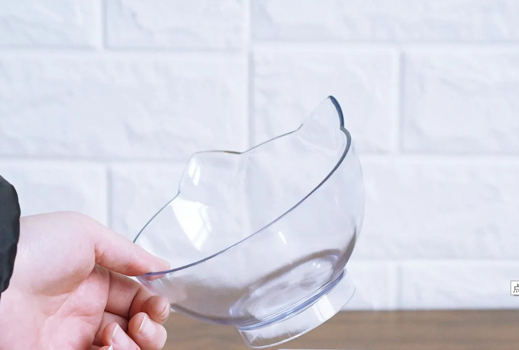 Inclined transparent cat food bowl with beige ABS base, oblique mouth and 13cm diameter, single or double version