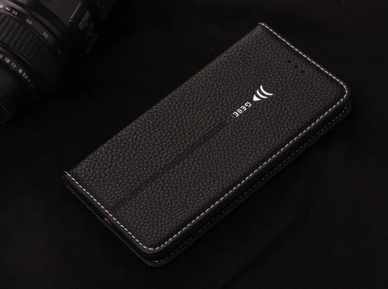 Black PU leather wallet phone case for iPhone showing card slots and kickstand deployed