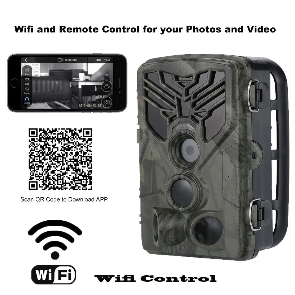 WiFi trail camera 20MP 1080P with night vision, 0.3s trigger, and IP65 waterproof housing
