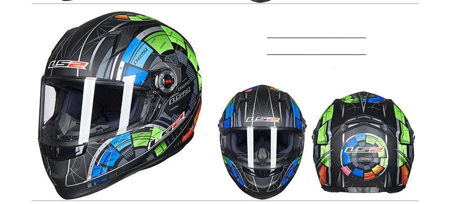 Full face motorcycle crew helmet with ABS shell, sizes L XL 2XL, head circumference 61-62cm, multiple colours.