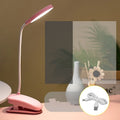 LED clip-on desk lamp with touch dimming, plastic shade, available in white, pink, or green.