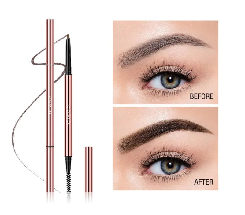 A brow make-up pencil in a colour box, showing six available shades like Auburn, Blonde, Caramel, and Taupe.