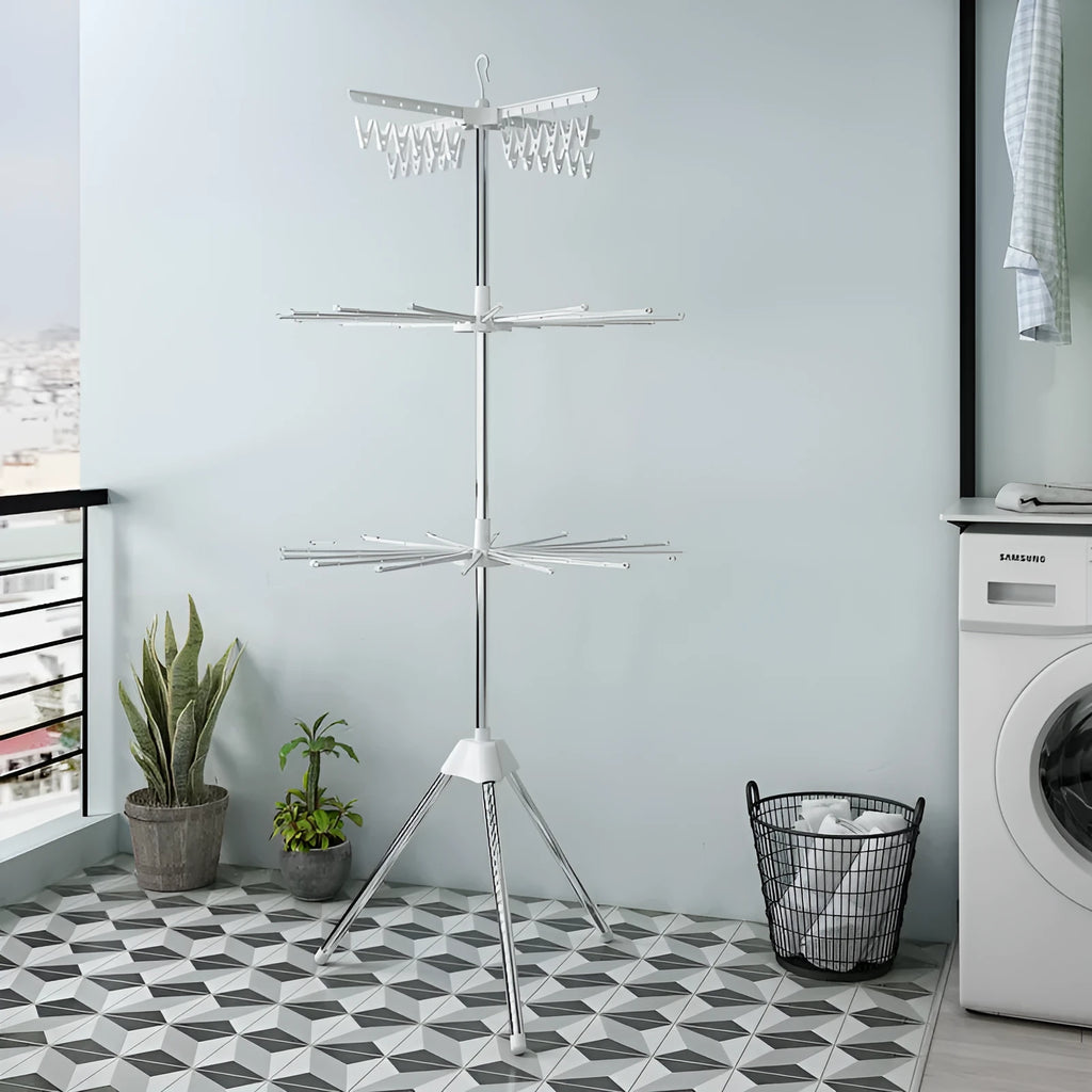 Three-layer stainless steel mobile drying rack with split plastic clips for socks, pants, and ties