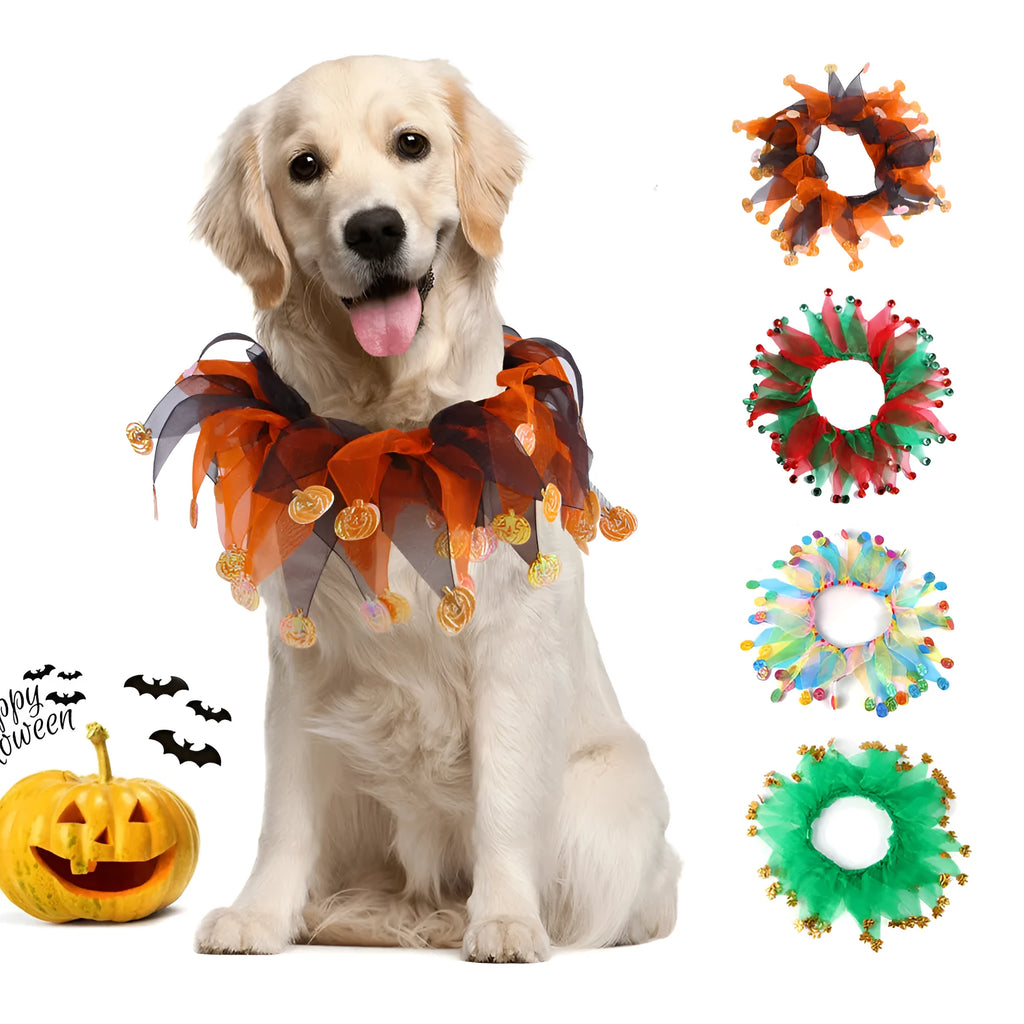 Tie-dye cloth dog collar in seasonal colours including Christmas and Halloween styles