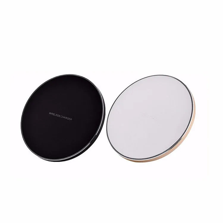 Ultra-thin wireless charger 98x98x6.5mm in black, red, white, and yellow, with 8mm transmission distance and fast charge support.
