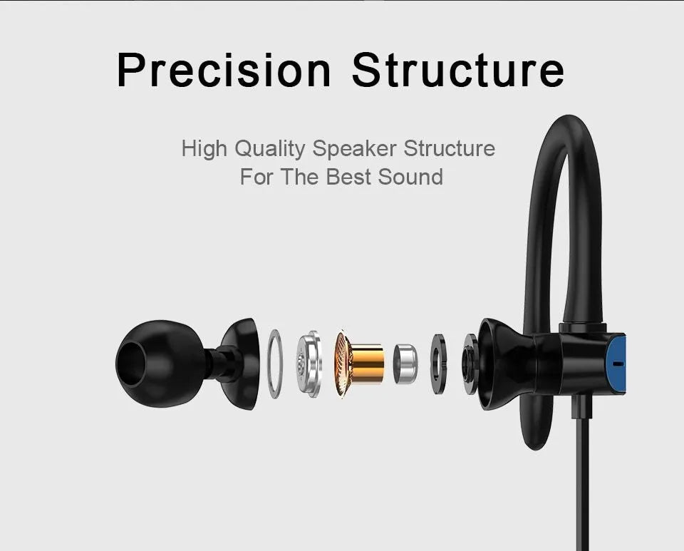 Black and blue sport earbuds with over-ear hooks and silicone tips shown next to a phone