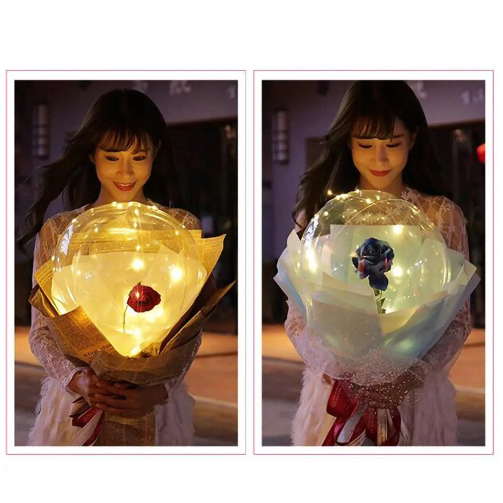 Transparent bobo ball LED luminous balloon rose bouquet with artificial flowers for DIY decoration