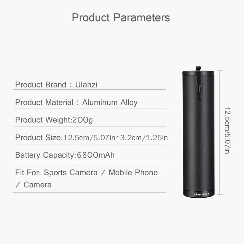 Black aluminium alloy power bank handle with 6800mAh capacity, shown next to a mobile phone.