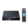 Black T95 Max Plus Android TV box unit with remote control, showing EU, UK, and US power plug options