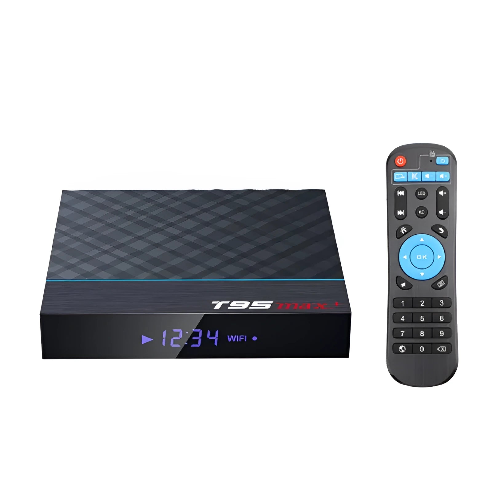 Black T95 Max Plus Android TV box unit with remote control, showing EU, UK, and US power plug options