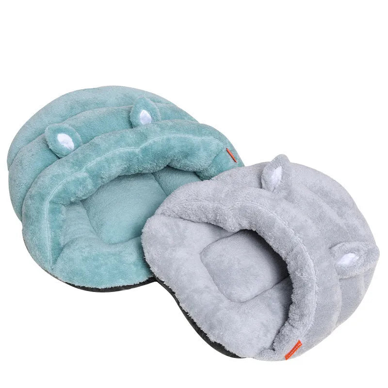 Soft cozy pet cave bed in beige, blue, or grey, sizes M 60x48x28cm and S 45x36x22cm for dogs, cats, and kittens