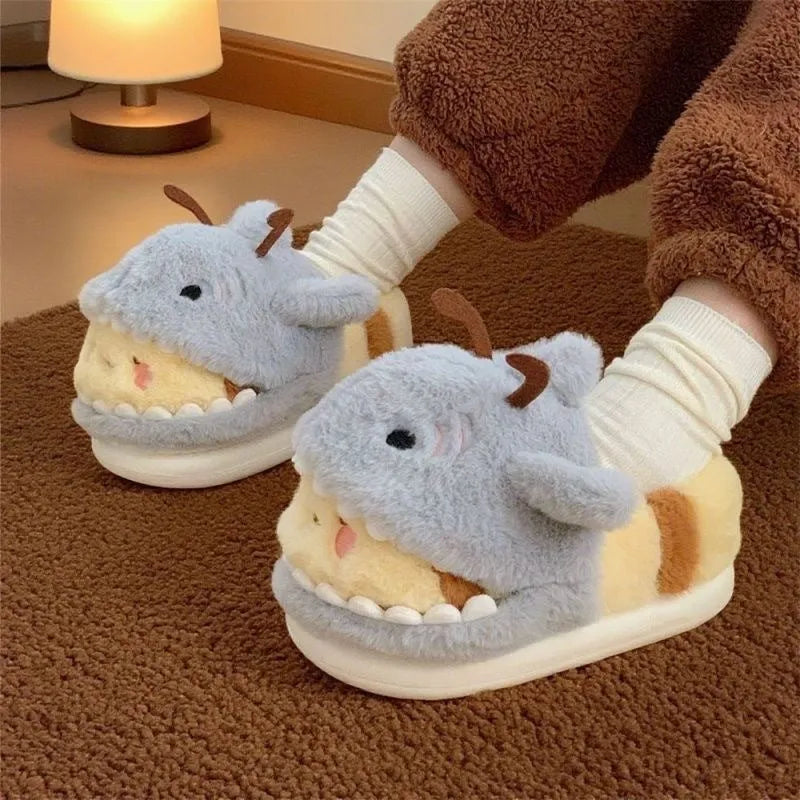 Yellow gray shark and bee cotton slippers for men and women with artificial plush upper, EVA sole, and bag heel for winter home use
