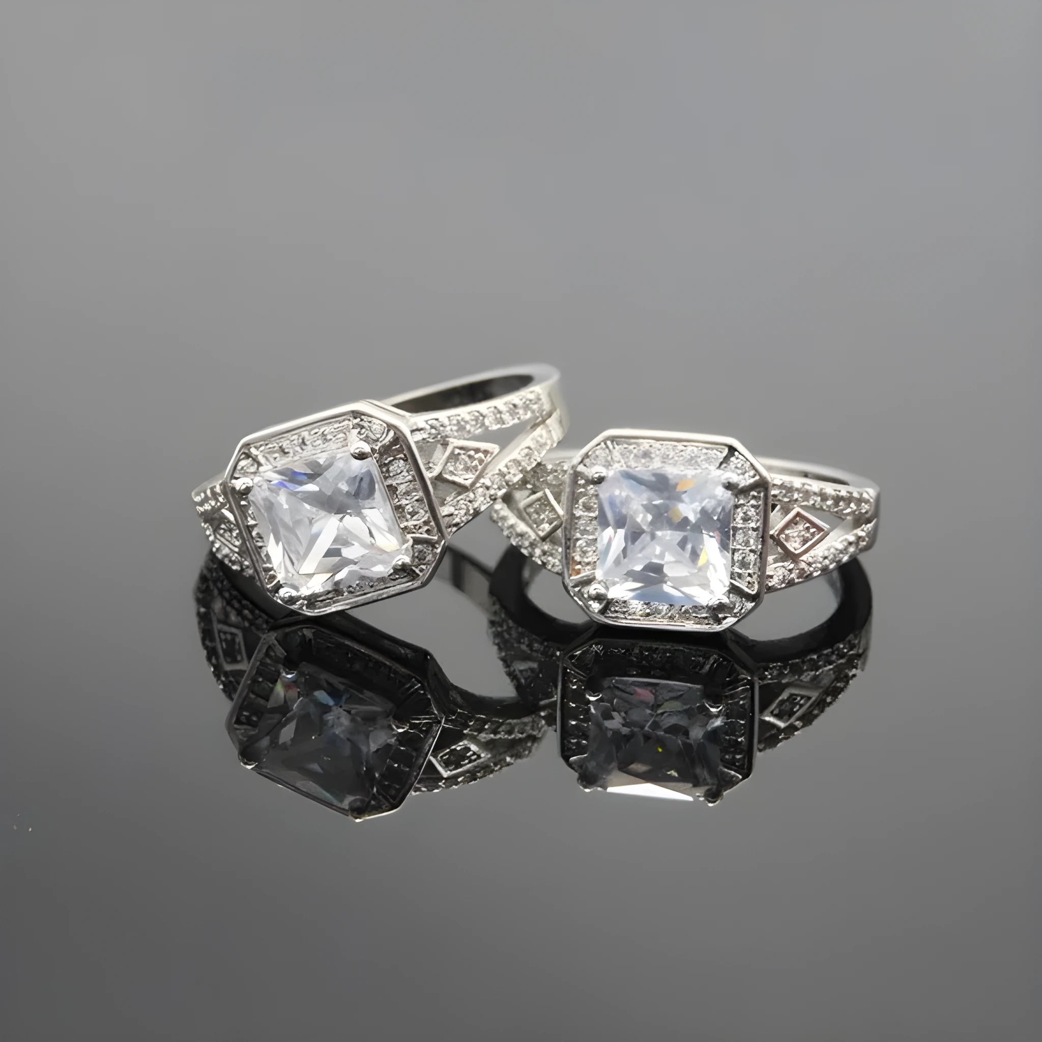 Geometric hollow zircon ring in platinum colour showing quadrilateral pattern design