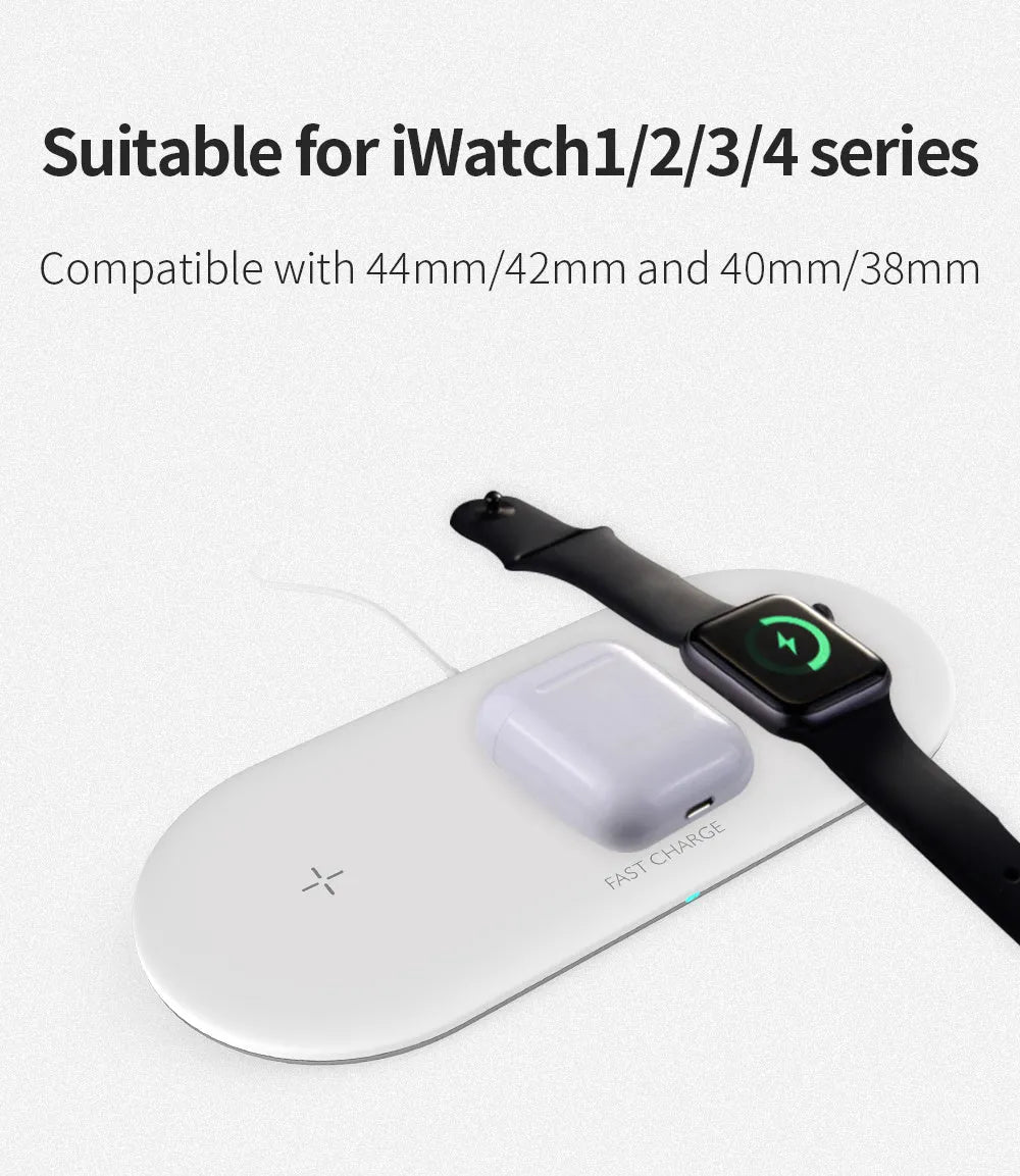 Three-in-one wireless charging station for Apple devices in black or white
