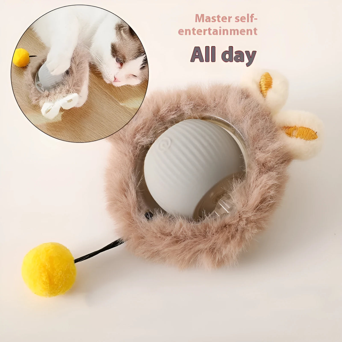 Silicone cat rolling ball toy with plush attachments in red, green, and grey colours