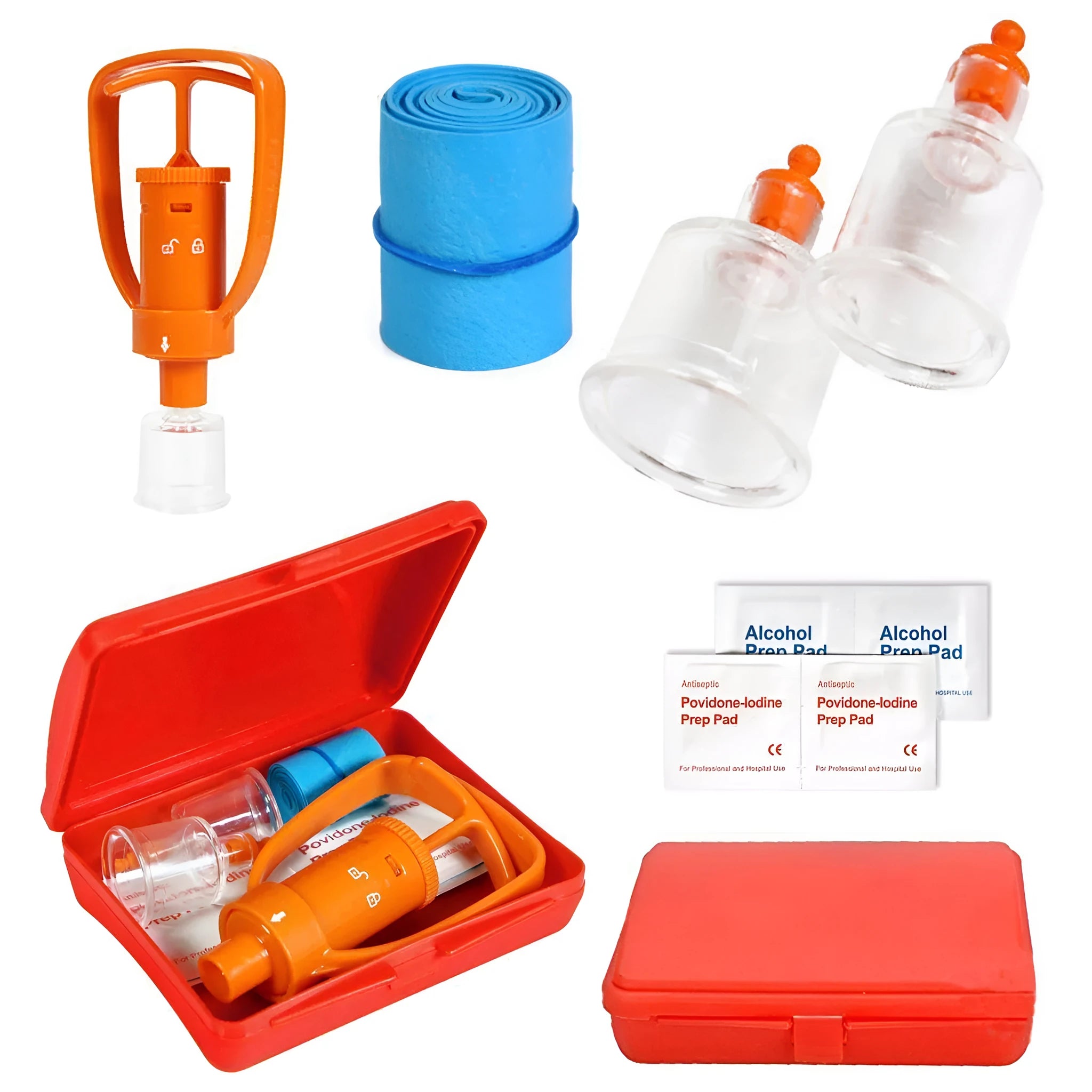Orange portable venom extractor suction pump first aid kit with storage box open, showing pump, cups, and swabs.