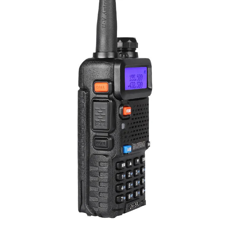 Professional dual-band walkie talkie showing VHF UHF frequency ranges and 128-channel display