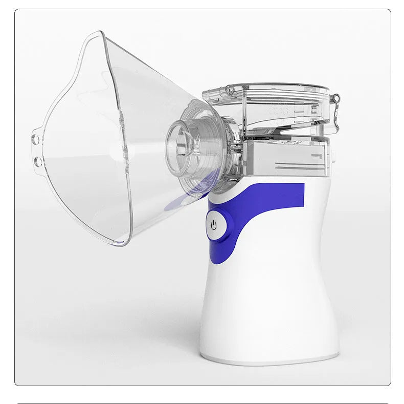 Handheld mesh atomizer in Blue, Green or Grey with 0.5mL and 10mL cups, human and child masks, mouthpiece, USB or AA battery power