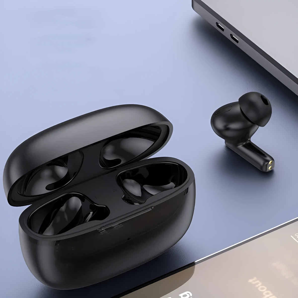 Black and white wireless in-ear stereo headset with Bluetooth 5.0, 15m range, call function, and voice control