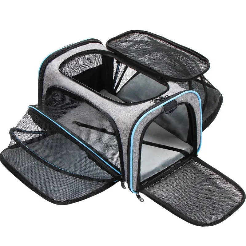 Cat carrier bag made from 600D cation fabric in small and large sizes with multiple colour trim options