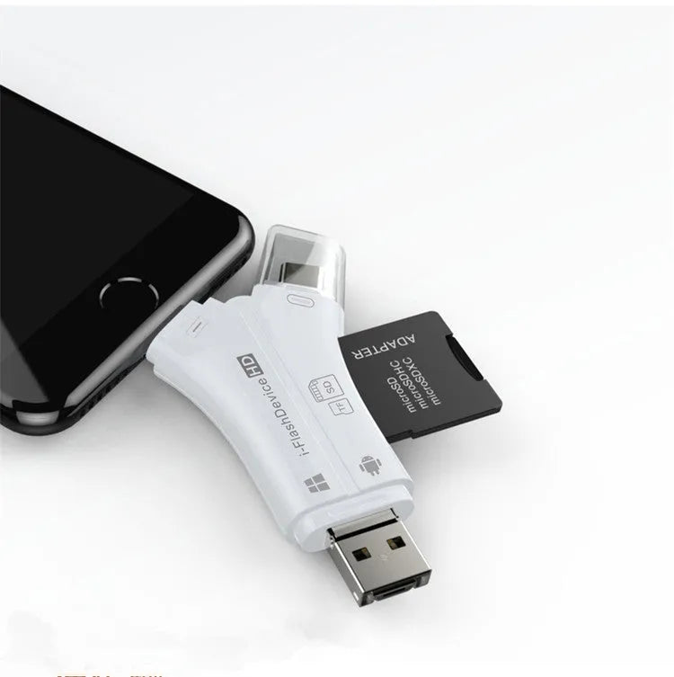 White 4-in-1 mobile phone card reader with Lightning, USB, Micro USB, and Type-C ports
