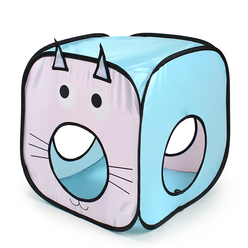 Foldable pet tent cat tunnel with cat and fish design in blue, white and orange colours