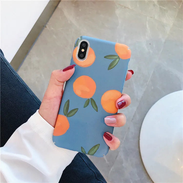 Orange plastic phone case with blue water pattern for iPhone models 6 to 11 Pro Max.