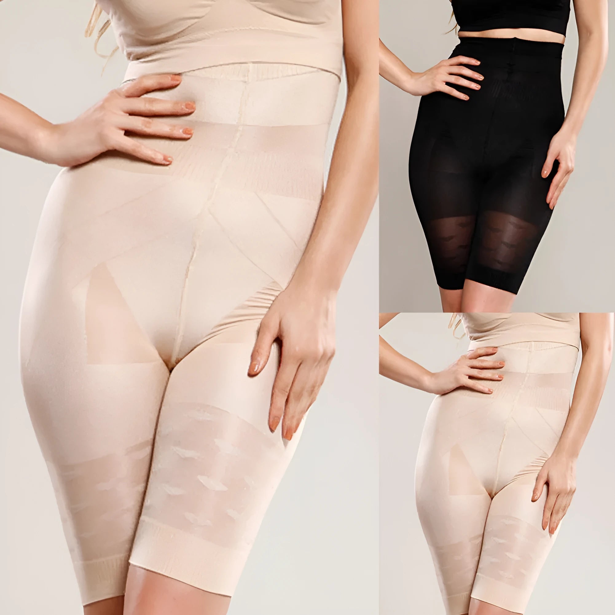 Women's seamless high waist shapewear short for tummy control in black or nude.