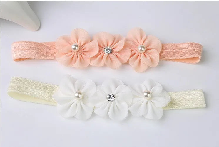 Three little plum blossom baby headband in white and meat pink fabric floral children’s hairband