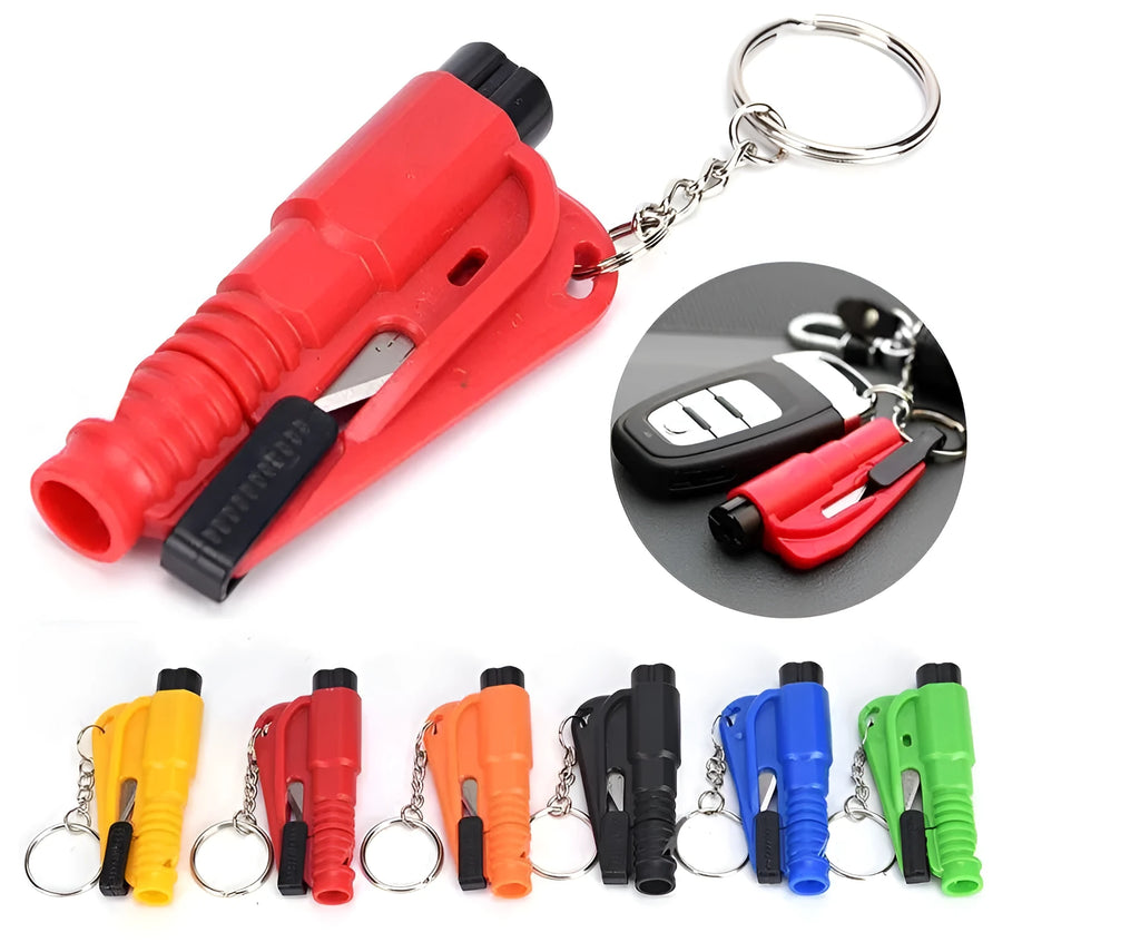 Mini emergency safety hammer keychain with metal firing pin, ABS body, approx. 73 x 34 x 15mm, keyring rescue tool
