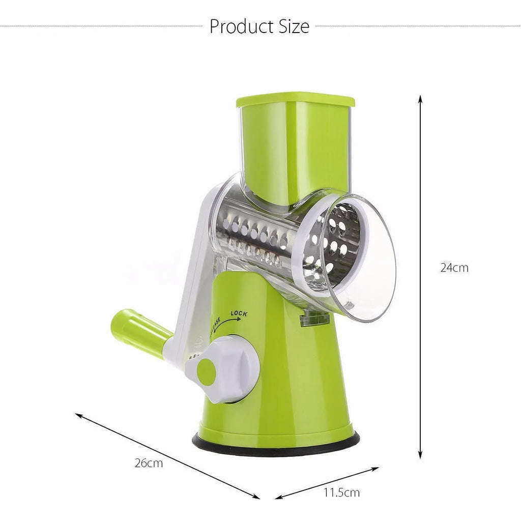 Round mandoline vegetable cutter with 3 stainless steel drum blades and suction base