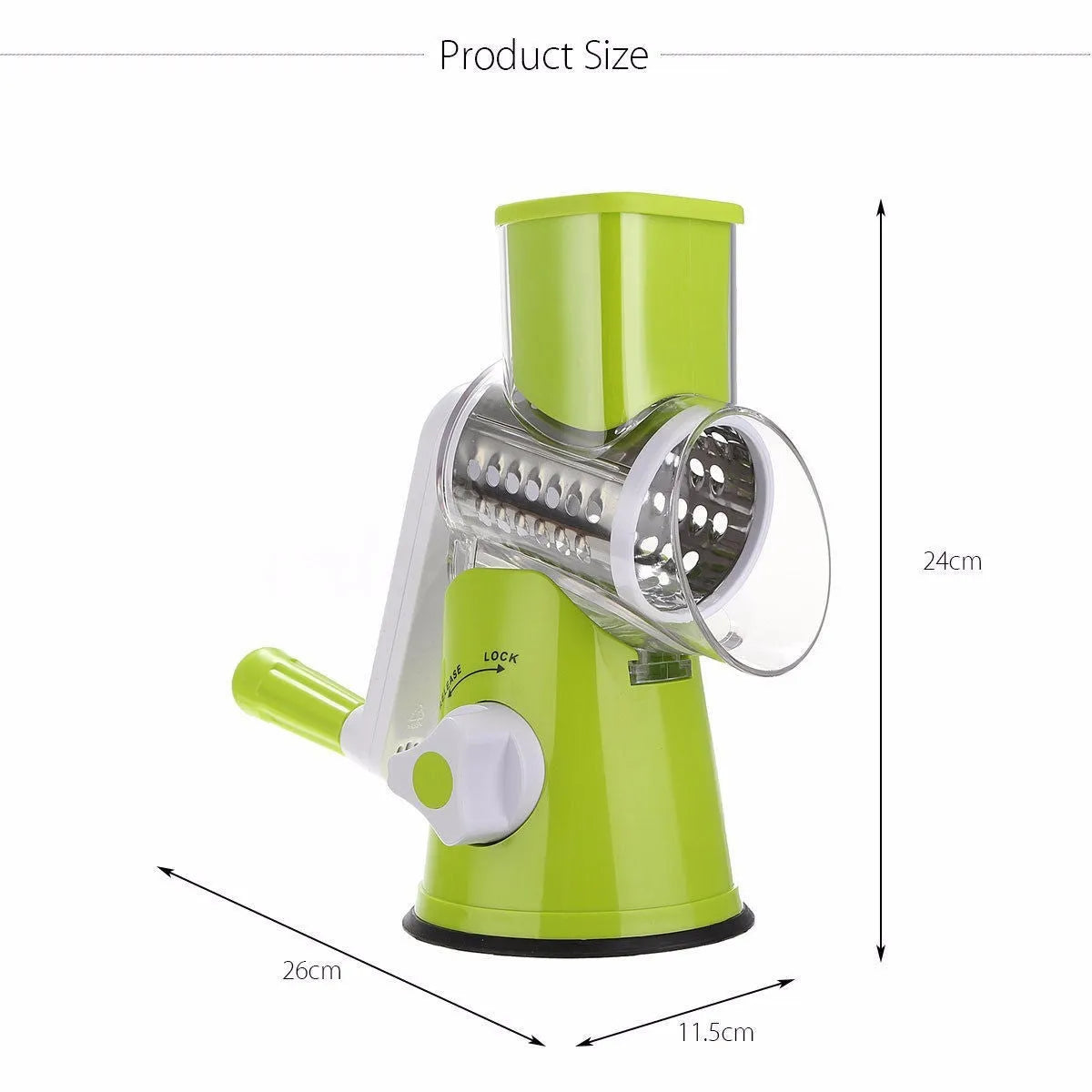 Round mandoline vegetable cutter with 3 stainless steel drum blades and suction base