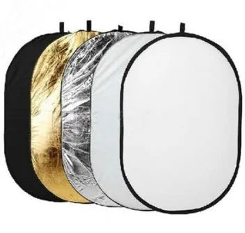 5 in 1 collapsible photography reflector showing gold, silver, white, black, and translucent surfaces
