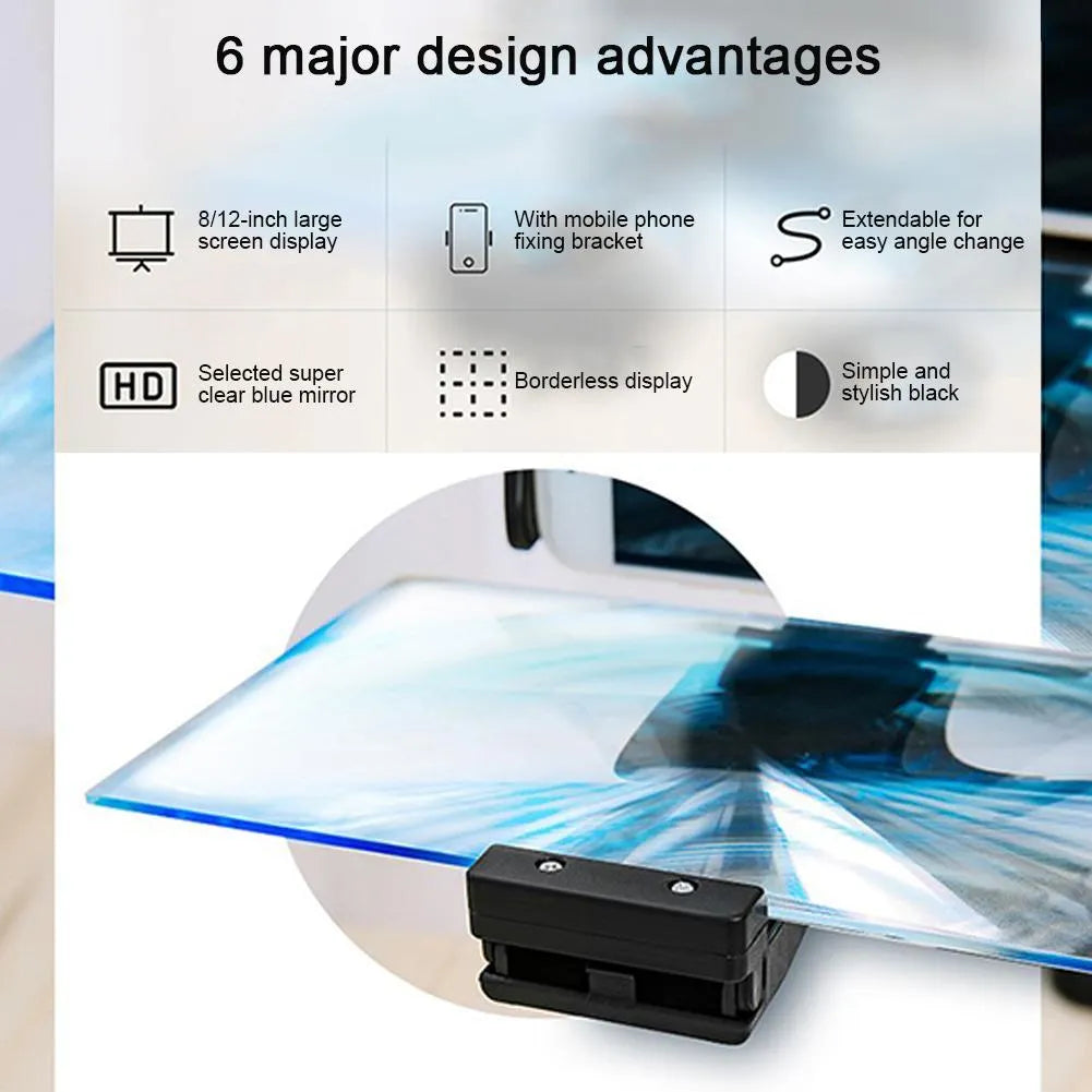Black mobile phone screen amplifier with 12-inch acrylic blue lens and adjustable bracket