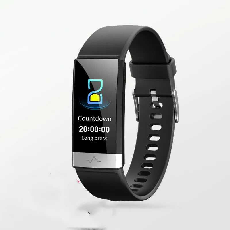 V19 smart health bracelet in black, blue, or red with ECG and SpO2 monitoring display.