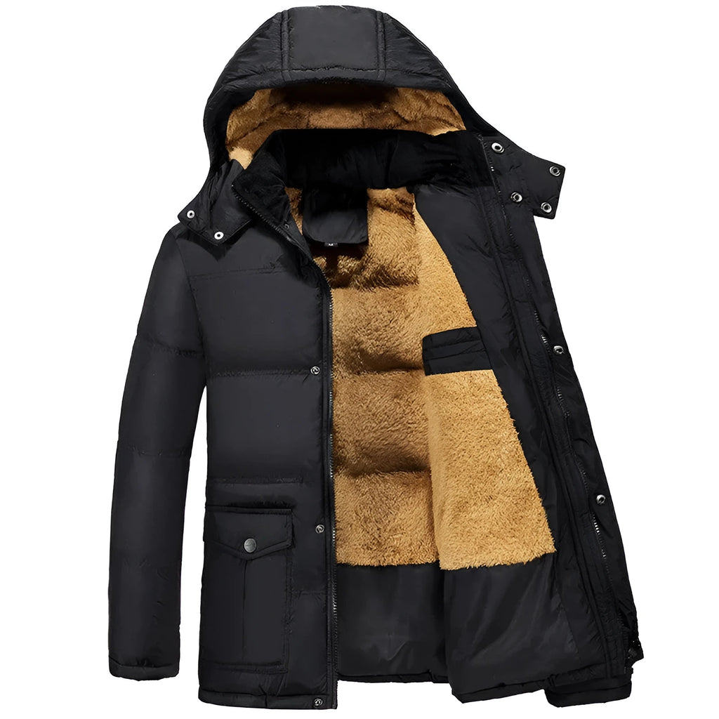 Black men's velvet-lined padded winter jacket with hood and double-breasted closure