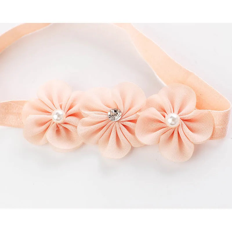 Three little plum blossom baby headband in white and meat pink fabric floral children’s hairband