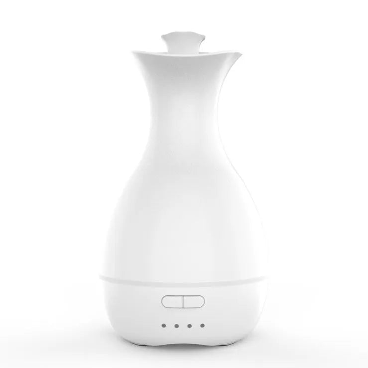 White ultrasonic aromatherapy vase diffuser with colour-changing night light and 200ml water tank capacity.